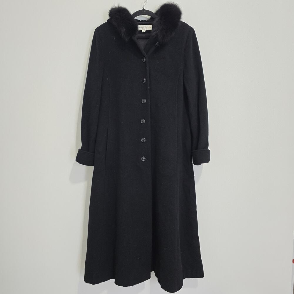 Vintage Albert Nipon Fox Fur Hooded Wool Velvet Long Coat - Size 16